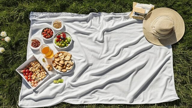 Picnic setup on a grassy field featuring a variety of snacks, fruits, and beverages under sunlight
