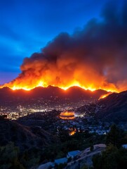 Fototapeta premium Mountain Wildfire at Night - A large wildfire burns intensely on a mountain range at night, illuminating the smoke and sky with bright orange and red flames. A city is visible in the foreground.