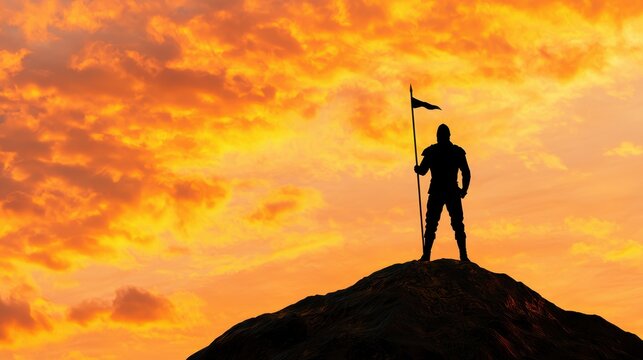 Undefeated Concept, Lone Warrior Standing Proud on Battlefield Under Vibrant Golden Skies at Dusk with Flag Raised High