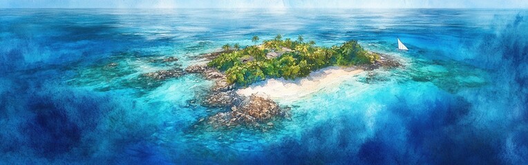 Obraz premium Serene tropical island with lush greenery surrounded by clear turquoise waters and a distant sailboat under a bright sky