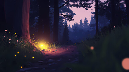 A lone firefly's soft light illuminates a forest path in twilight, forest, firefly. Fireveil. Illustration