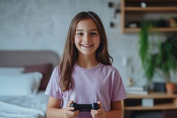 A young girl, above average weight, wearing a lilac t-shirt, stands in a modern bedroom with soft, natural light She is enjoying her time playing video games, smiling 2