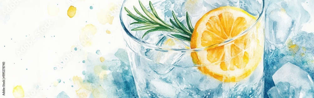 Poster refreshing drink with lemon and rosemary in a watercolor style, capturing a moment of relaxation and