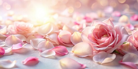 Obraz premium Delicate pink rose petals scattered on a soft white background, with gentle sunlight filtering through the stems , beautiful flowers, spring blooms