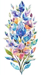 Bluebell Garden Watercolor Clipart, vibrant bluebells in stained glass style, set against a crisp white background, high-resolution design