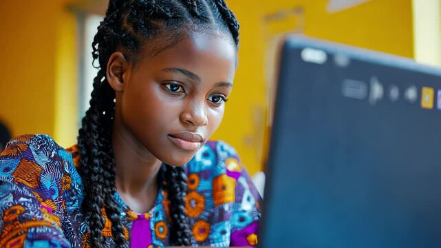 A young woman researches the role of digital transformation in education, using tech to bridge gaps for happy learners worldwide
