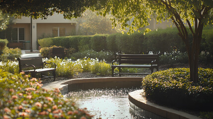 A serene hospital garden with benches water features and patients enjoying a peaceful atmosphere.