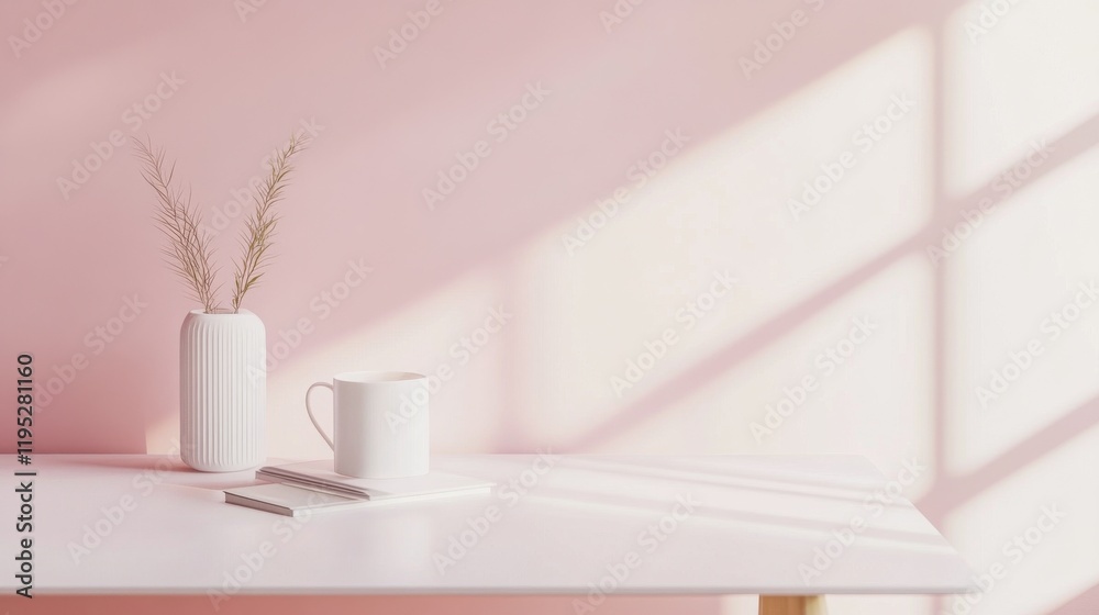 Poster minimalist gradient design featuring pastel pink wall and clean desk arrangement with simple decor e