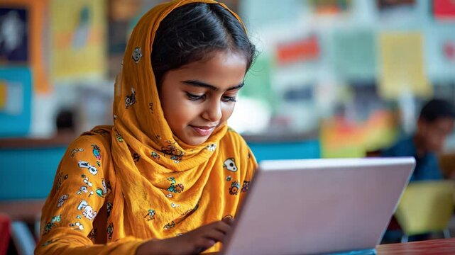 A young woman researches the role of digital transformation in education, using tech to bridge gaps for happy learners worldwide
