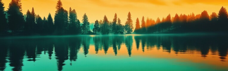Obraz premium Beautiful golden hour sunset reflects on calm water surrounded by tall trees and a misty atmosphere
