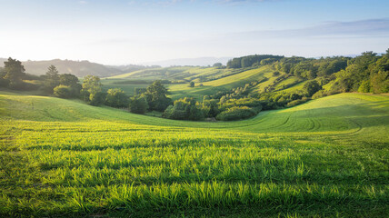 Fototapeta premium Serene Rolling Hills Landscape Lush Green Meadow Sunny Day Countryside Scenery