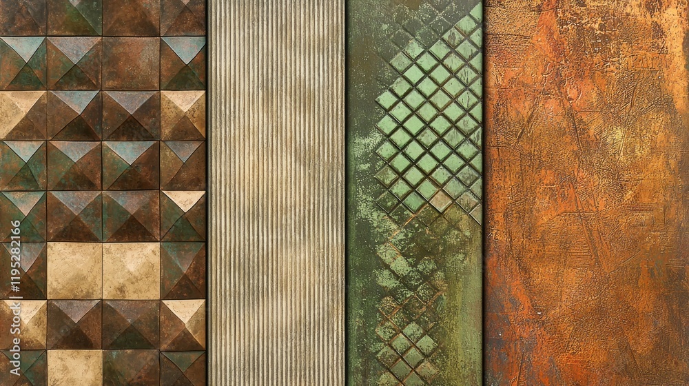 Poster vibrant geometric patterns in earthy hues highlight a creative fusion of textures. each section reve