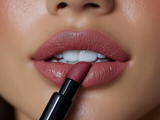 Close-up of woman applying mauve lipstick.