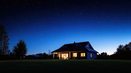 Cozy house illuminated under a starry night sky in quiet countryside