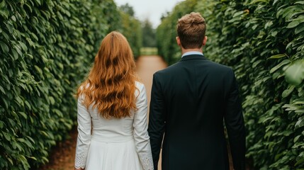Fototapeta premium Couple walking hand-in-hand through a garden path
