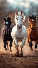 Three horses running in the dirt