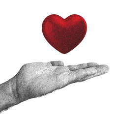 Stipple hand hand with red heart vector collage. Valentines day love trendy photocopy effect concept