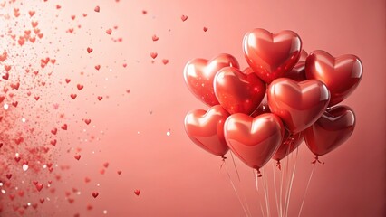 Heart-shaped balloons floating in mid-air against a pastel red background with subtle Valentine's Day confetti , pink background, valentines day decor