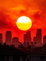 Fiery Sunset Cityscape - A large sun sets over a city skyline, casting a fiery orange and red glow on the buildings and clouds.