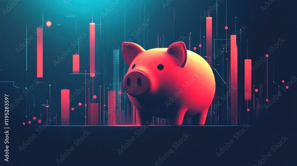 Poster abstract representation of savings illustrating a piggy bank and digital financial graphs in a futur