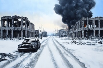 Winter Aftermath: Desolate Cityscape - A snow-covered street lined with destroyed buildings, smoke billowing in the distance, and a lone car parked amidst the ruins. A scene of post-disaster desolatio