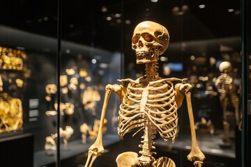 The skeleton of an ancient human is displayed in a museum case with glass walls 1