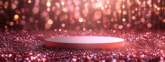 Glamorous Red Glitter Podium: A shimmering red glitter backdrop illuminates a circular podium, perfect for showcasing your products or designs in a glamorous, sophisticated style.  