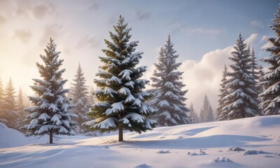 Fototapeta premium Decorated fir tree against a bright snowy background, holiday, evergreen, Christmas