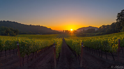 Fototapeta premium A serene sunrise seen from a vineyard with rows of vines stretching toward the glowing horizon and soft light touching the leaves.