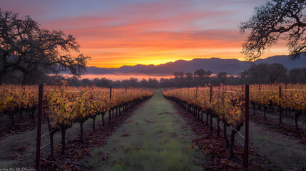 Obraz premium A serene sunrise seen from a vineyard with rows of vines stretching toward the glowing horizon and soft light touching the leaves.