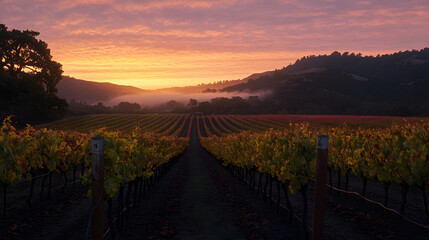 Fototapeta premium A serene sunrise seen from a vineyard with rows of vines stretching toward the glowing horizon and soft light touching the leaves.