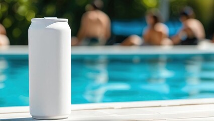 A white beverage can sits by a sparkling pool while people relax in the background