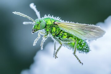 Fototapeta premium Frozen insect, vibrant green, delicate frost.