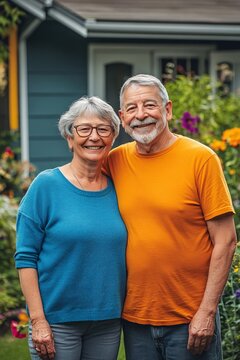 Happy senior couple standing in front of house with green garden, woman in blue sweater and man in orange t-shirt, flowers in background 5