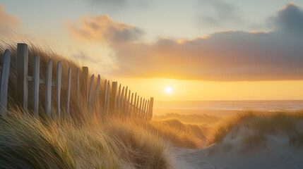 Fototapeta premium A serene sunrise viewed from a grassy hill with a wooden fence leading toward the glowing horizon.