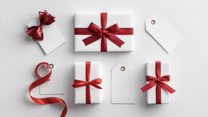Festive Gift Boxes  Red Ribbons  White Tags  Holiday Presents
