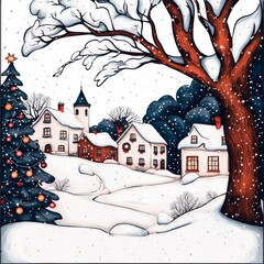 Naklejka premium Snowy Christmas Village Festive Winter Houses Tree Snowfall