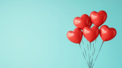 Red heart shaped balloons floating in a bright blue sky