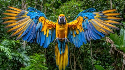 Fototapeta premium Blue and yellow macaw with wings spread wide showcasing its colorful feathers beak slightly open against a lush natural background capturing the essence of tropical wildlife