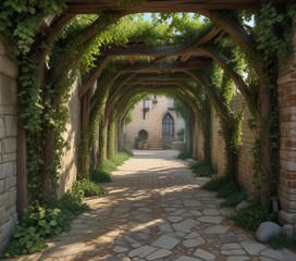 Delicate ivy vines weave through medieval wooden beams,  archway,  natural beauty,  texture