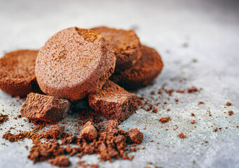 Close-up of coffee grounds from espresso machine. coffee ground on gray background