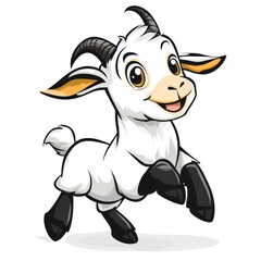 Happy cartoon goat leaping, white background, children's book illustration (1)