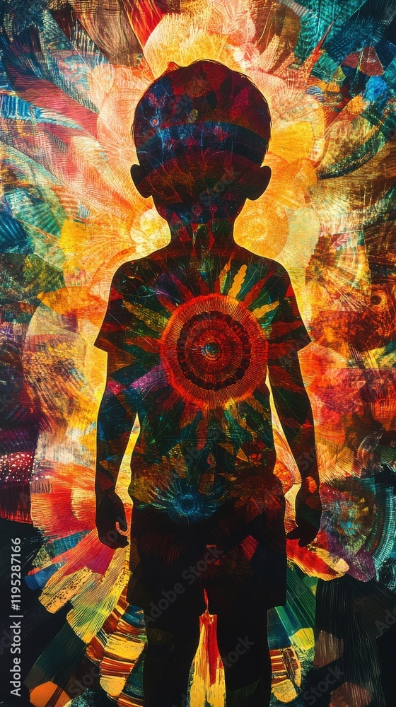 Leinwandbilder vibrant visualization of a child's silhouette surrounded by colorful patterns in an artistic represe