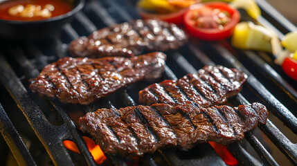A sizzling Korean barbecue grill with marinated beef slices vegetables and dipping sauces on the side.
