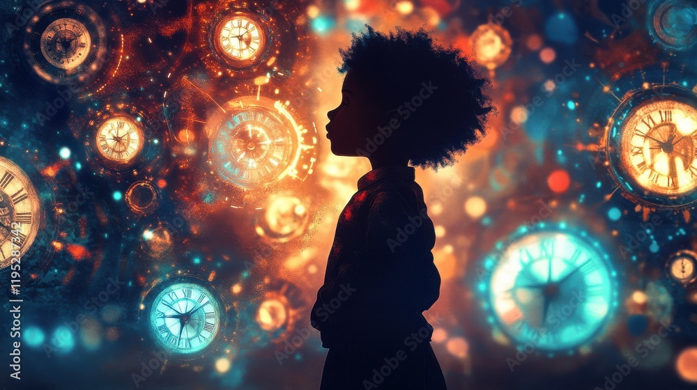 Poster child illuminated by magical clocks in a mesmerizing dreamlike atmosphere filled with vibrant colors