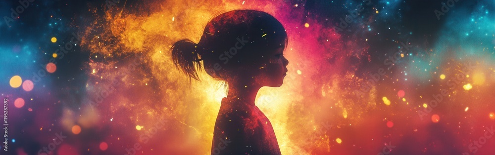 Poster vibrant glow of a child surrounded by colorful light in an imaginative atmosphere