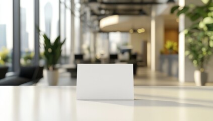 Blank Tent Card Mockup in Modern Office: A clean, white tent card sits prominently on a sleek table in a stylish, modern office setting.