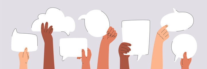 Group of diverse people holding speech bubbles in hands. Multicultural team sharing and exchanging ideas, opinions and information. Trendy vector banner template,  illustration isolated on background.