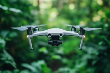 Flying drone captures details in lush green forest during daylight hours for nature enthusiasts and technology lovers