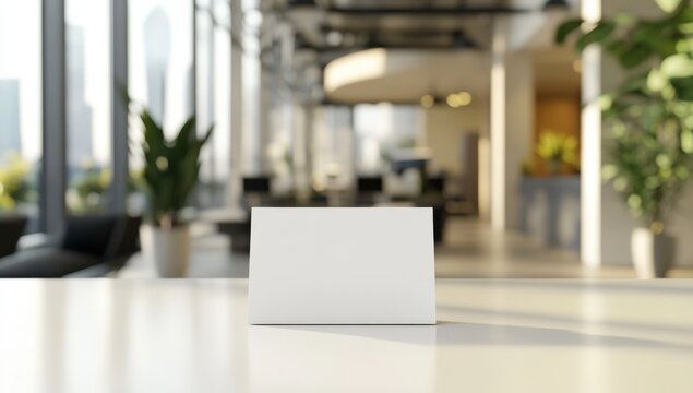 Blank Tent Card Mockup in Modern Office: A clean, white tent card sits prominently on a sleek table in a stylish, modern office setting.
